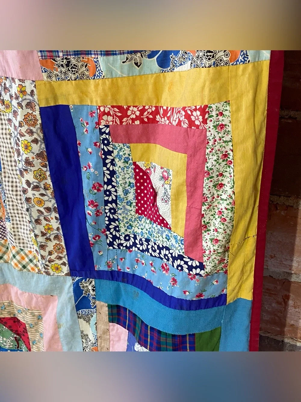 Vintage Log Cabin Tie Quilt 66” x 78” Feed Sack